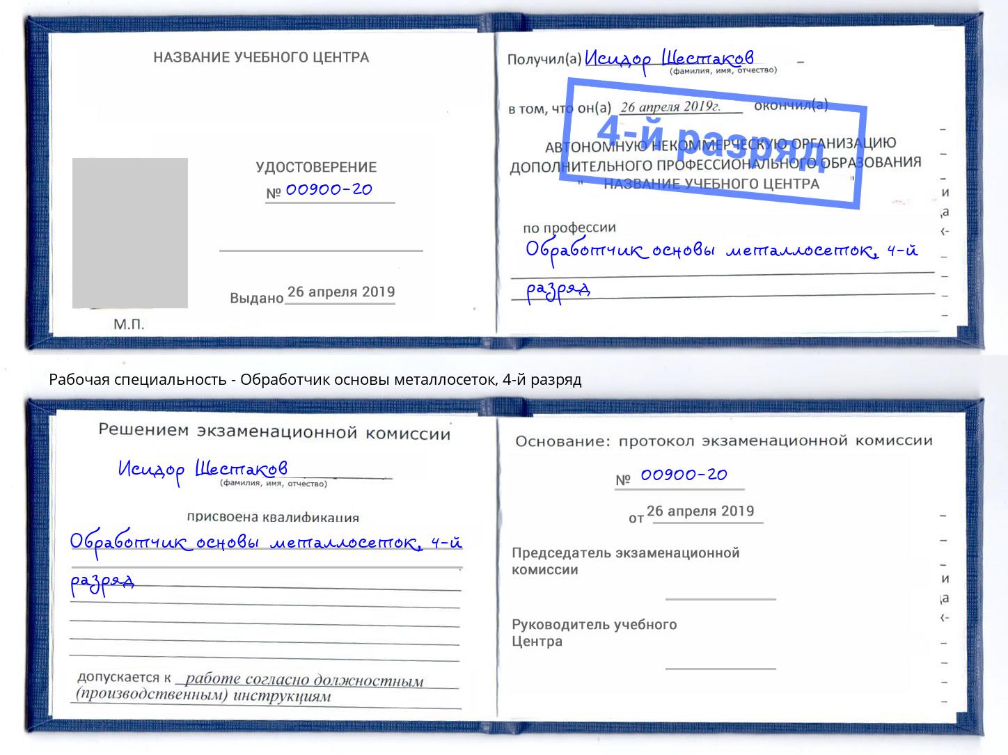 корочка 4-й разряд Обработчик основы металлосеток Елабуга