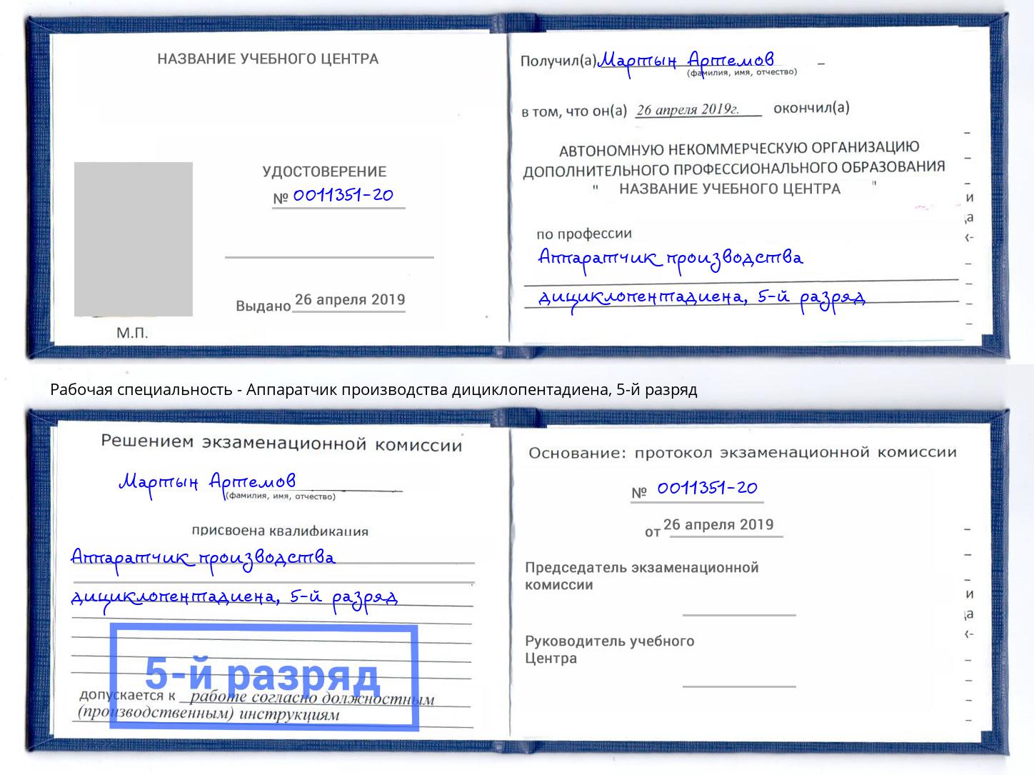 корочка 5-й разряд Аппаратчик производства дициклопентадиена Елабуга