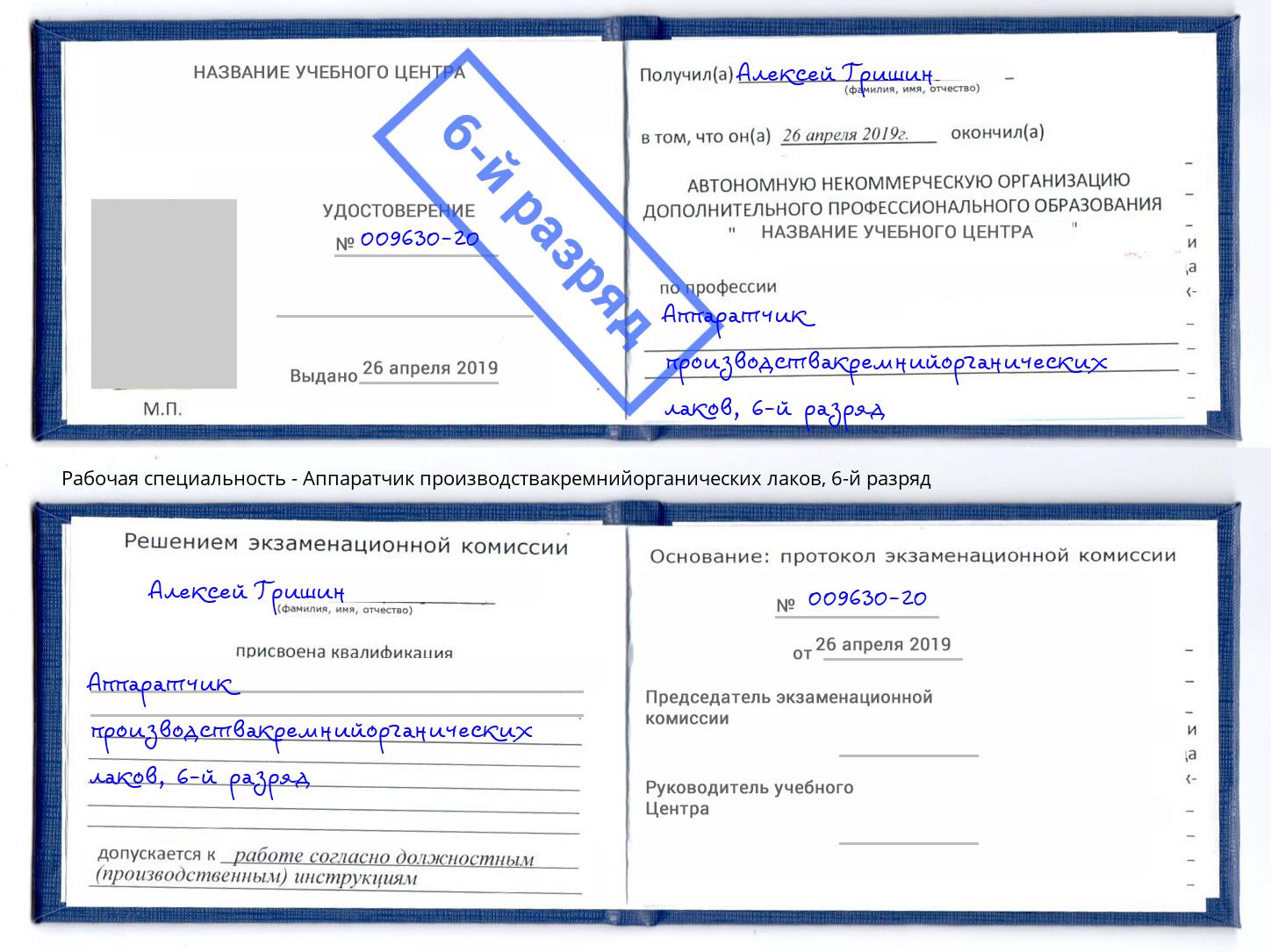 корочка 6-й разряд Аппаратчик производствакремнийорганических лаков Елабуга