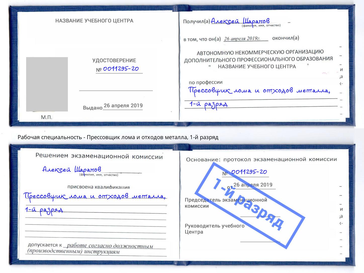 корочка 1-й разряд Прессовщик лома и отходов металла Елабуга