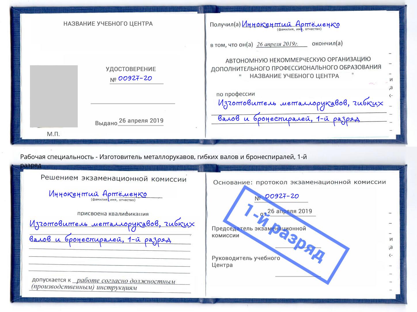 корочка 1-й разряд Изготовитель металлорукавов, гибких валов и бронеспиралей Елабуга