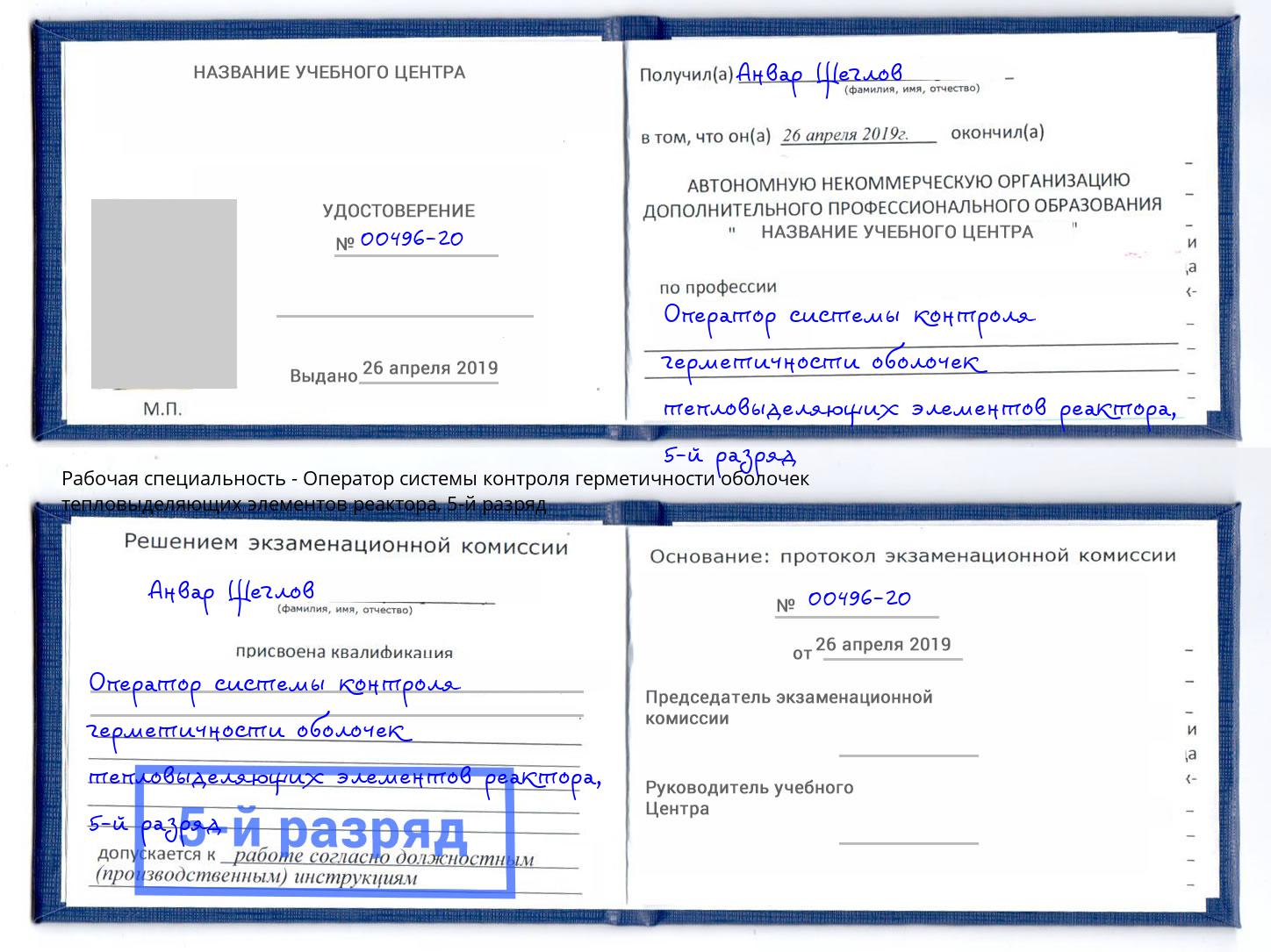 корочка 5-й разряд Оператор системы контроля герметичности оболочек тепловыделяющих элементов реактора Елабуга