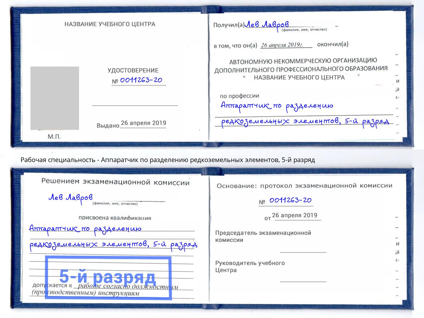 корочка 5-й разряд Аппаратчик по разделению редкоземельных элементов Елабуга